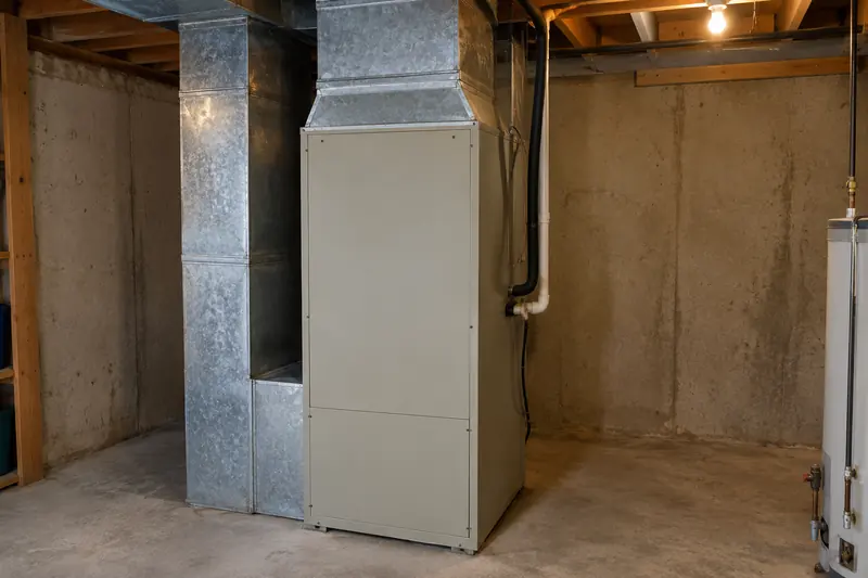 Air handler cabinet standing in a basement utility room, its access panel shut and sheet-metal ductwork rising from the top