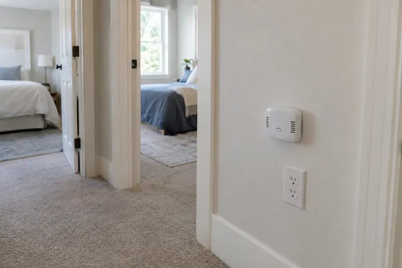 A plain white carbon monoxide alarm mounted in a hallway just outside two bedroom doors
