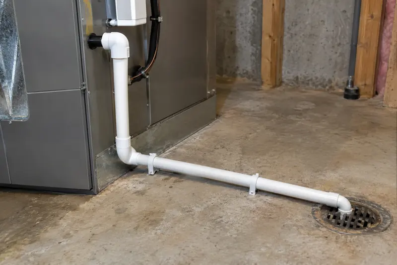 A white plastic condensate line running from the indoor coil down a basement wall into a floor drain