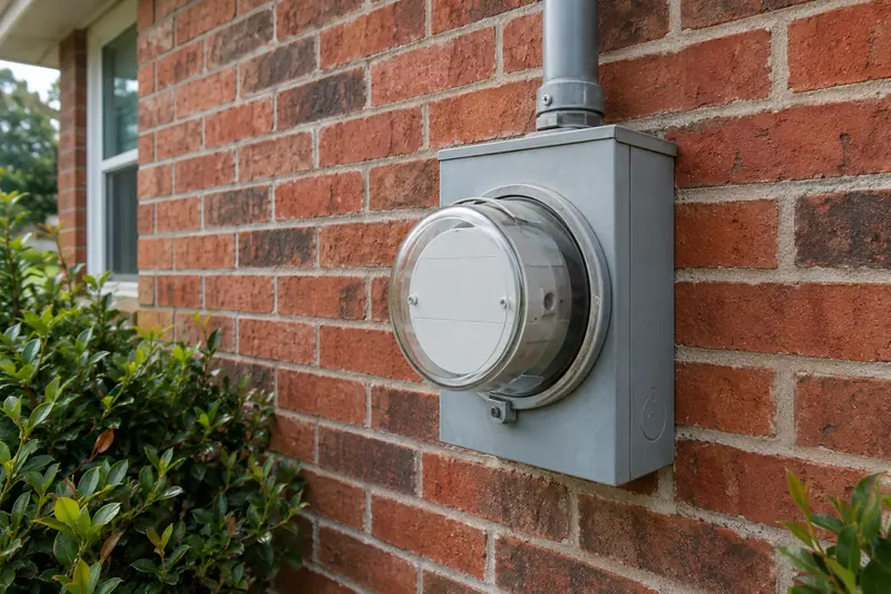 An electric meter with a round glass cover mounted on the siding of a house
