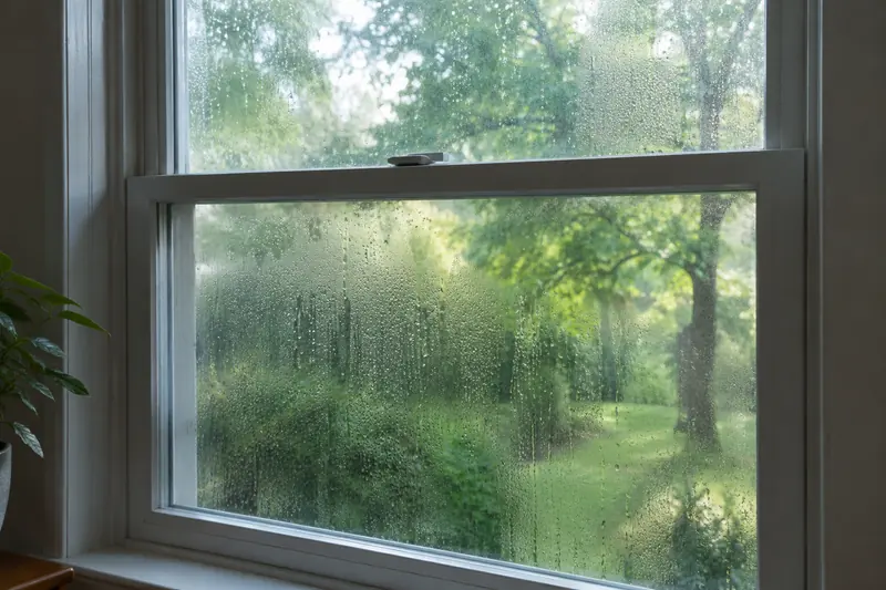 Water droplets beading on a window pane on a humid summer morning, a leafy yard blurred behind it