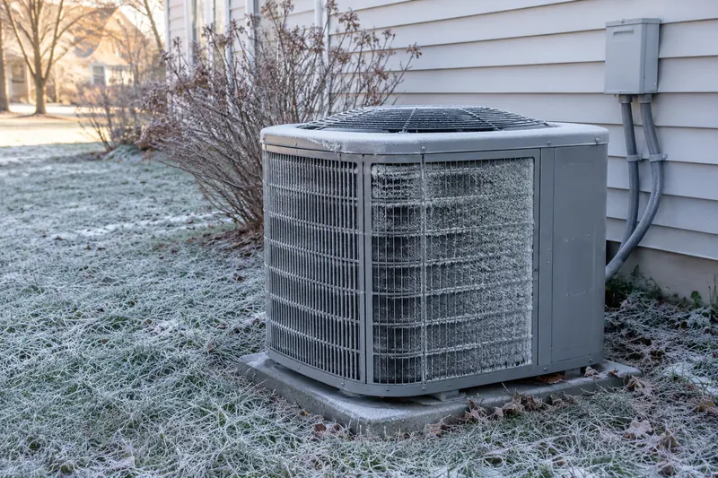 Outdoor heat pump unit humming at sunrise, a thin white frost on its fins and on the grass around its pad
