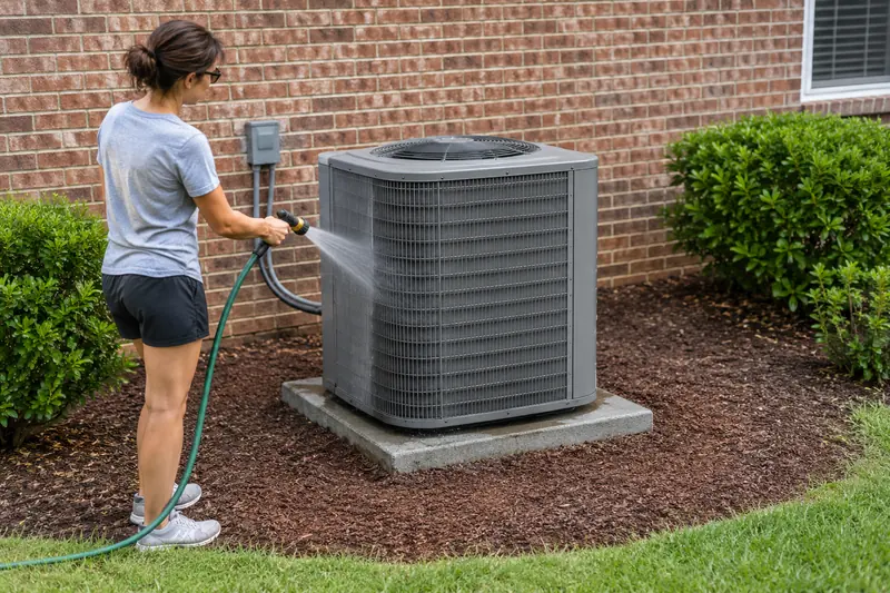 A homeowner rinsing the fins of an outdoor heat pump with a garden hose on a soft shower spray, shrubs cut back around it
