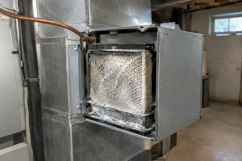 A whole-house humidifier mounted on an air handler's supply duct, its pad tray crusted with white mineral scale