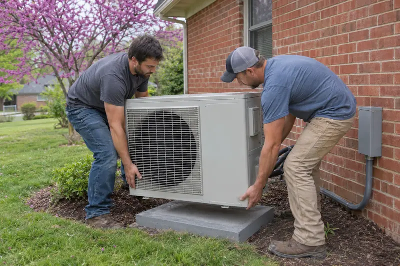 Two installers lifting a new outdoor unit onto its pad beside a brick ranch house, a redbud in pink bloom behind them