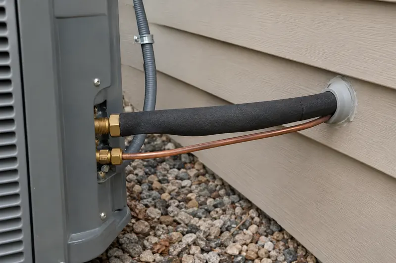 Two foam-wrapped copper lines leaving an outdoor unit and disappearing through the brick wall of a house