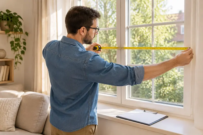 A person measuring a living room window with a tape measure, a clipboard resting on the sill in afternoon light