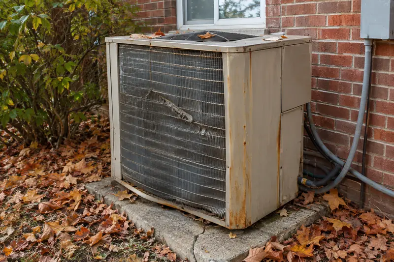 A tired outdoor heat pump with sun-faded panels and crushed fins beside a brick wall, fallen leaves around its base