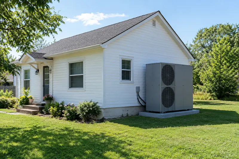 A tall outdoor heat pump unit beside a small one-story frame house on a summer lawn