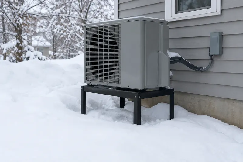 An outdoor heat pump unit raised on a metal stand with deep snow around its legs