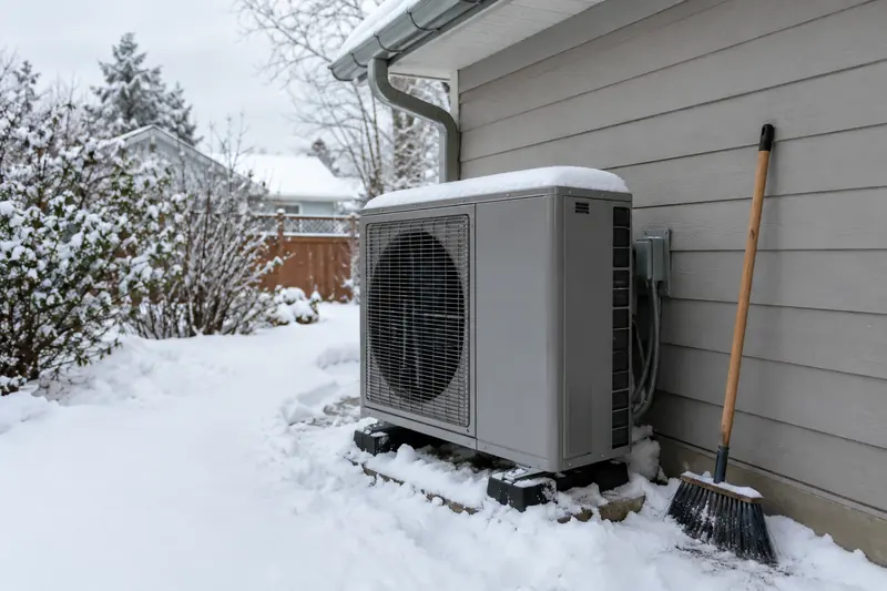 Outdoor heat pump unit with snow swept off its top and sides, a broom against the wall and a repaired gutter overhead