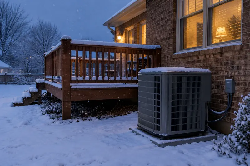 Outdoor heat pump unit beside a snow-covered back deck at dusk, warm lamplight in the windows above