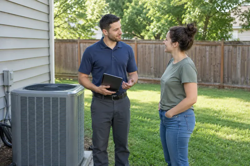 A homeowner and a technician with a tablet talking beside an outdoor unit in a fenced backyard