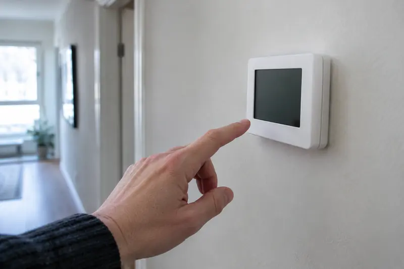 A hand reaching toward a plain digital thermostat with a blank screen on a hallway wall in pale winter light