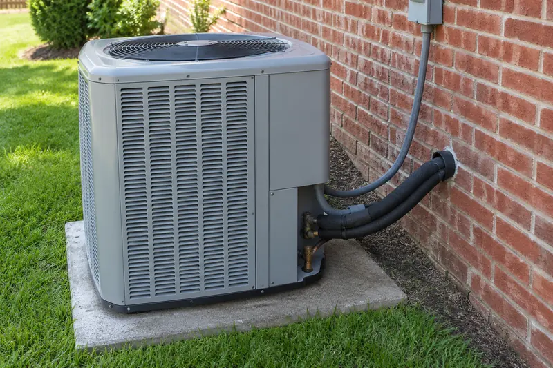 An outdoor heat pump unit on a concrete pad against a brick wall, insulated refrigerant lines running into the house