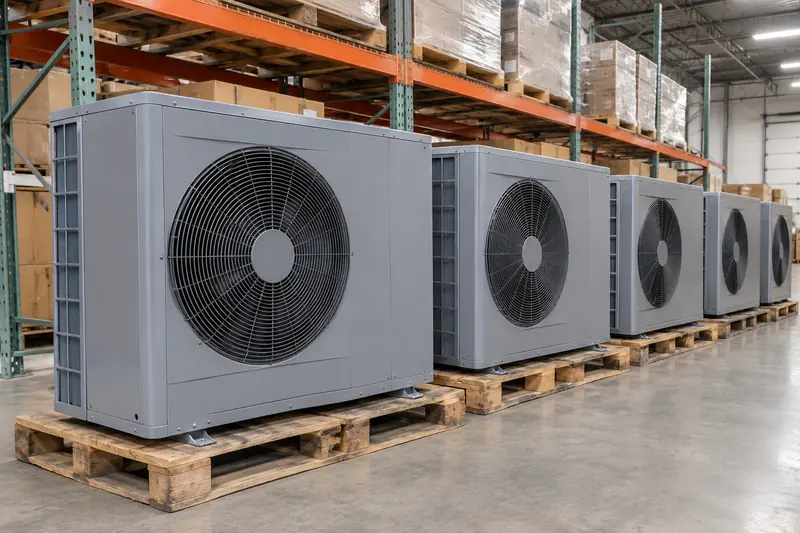 Several new outdoor heat pump units still on wooden pallets in a warehouse aisle, no labels showing